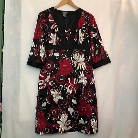 ANN TAYLOR Black Red White Multi Floral 3/4 Sleeve Knee Length Work Shift Dress - Picture 3 of 13